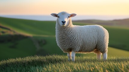 Obraz premium a solitary sheep standing at the base of a rolling green grassy hill