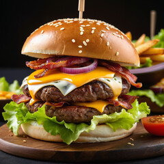 A towering beef burger featuring a grilled patty sandwiched between a toasted sesame seed bun, with melted cheddar cheese, crispy bacon strips, iceberg lettuce, ripe tomato slices, and red onions