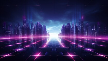 Abstract background with purple neon city silhouette on a backdrop.