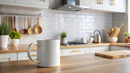 Obraz premium Cozy Blank Mug Mockup on a Bed with Soft Blanket and Warm Lighting