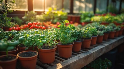 Lush greenhouse filled with vibrant potted herbs and tomatoes basking in warm sunlight