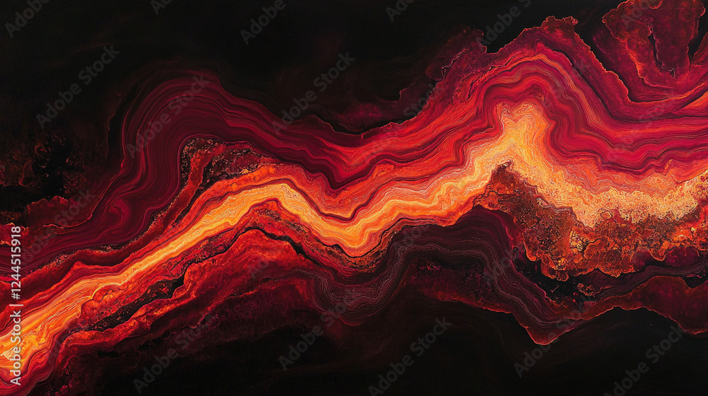 Poster abstract flowing red and orange waves with a dark background, showcasing dynamic energy, movement, a
