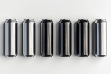 Set of 3D vector illustrations of black aluminum soft drink cans, isolated on a white background, modern and sleek design