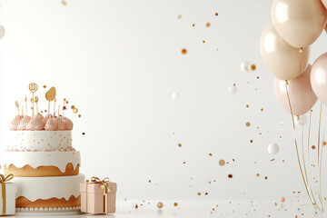 Elegant birthday cake with pink frosting and golden decorations, with soft balloons and gift boxes, representing a celebration with a refined and festive atmosphere.