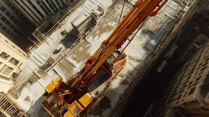 A high angle view of a construction site with a large crane, capturing the scope of urban development