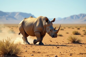 Fototapeta premium Rhinoceros roaming open desert landscape under clear sky, wildlife, open space,