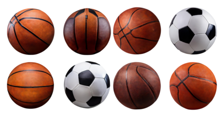 Assorted Sports Balls Including Basketballs and Soccer Balls Displayed, isolated on transparent background