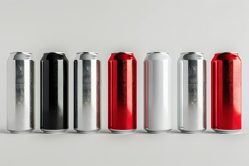 Set of 3D aluminum slim cans in silver, white, black, and red, arranged on a white background, perfect for beer can mockup templates