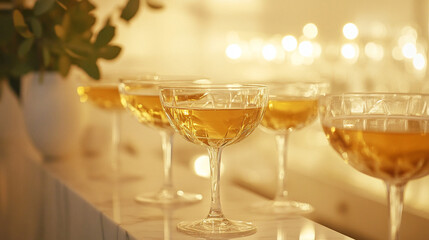 Sophisticated champagne toast at an elegant evening event, crystal coupe glasses filled with golden sparkling wine, warm ambient candlelight creating a refined atmosphere
