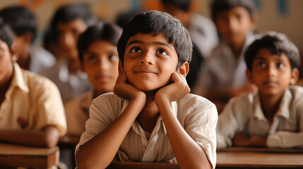 Indian boy listening intently during a lesson, surrounded by classmates in a vibrant classroom setting in India, embracing education and growth