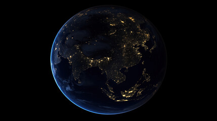 Fototapeta premium Satellite View of Earth at Night with City Lights Sparkling Across the Globe and Vast Dark Oceans Visible Between Populated Areas