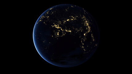 Obraz premium Satellite View of Earth at Night with City Lights Sparkling Across the Globe and Vast Dark Oceans Visible Between Populated Areas