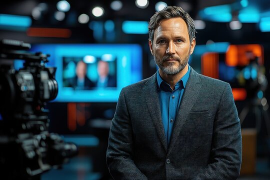 Professional news anchor in a modern studio with cinematic lighting