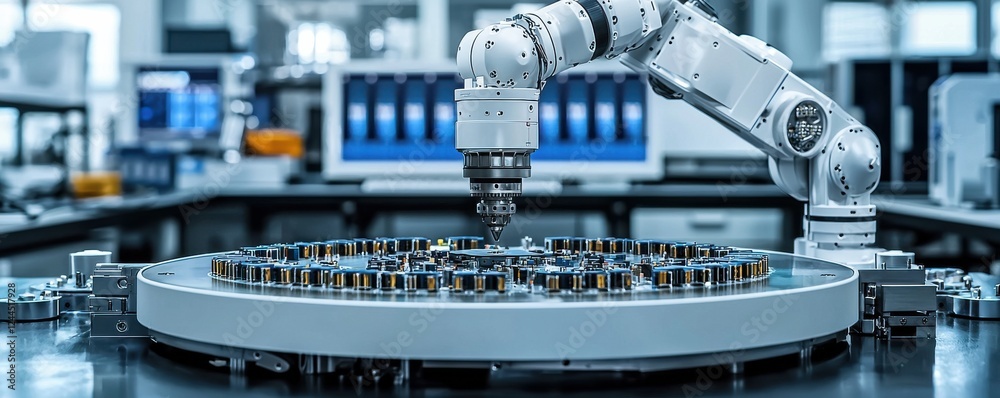 Poster robotic arm operating in a high-tech laboratory setting for automation