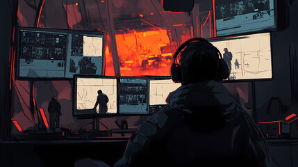 Filmmaker storyboarding complex action sequences for a feature film, ensuring coherence and flow, strategy, planning, decisionmaking. Narrative Sequences. Illustration