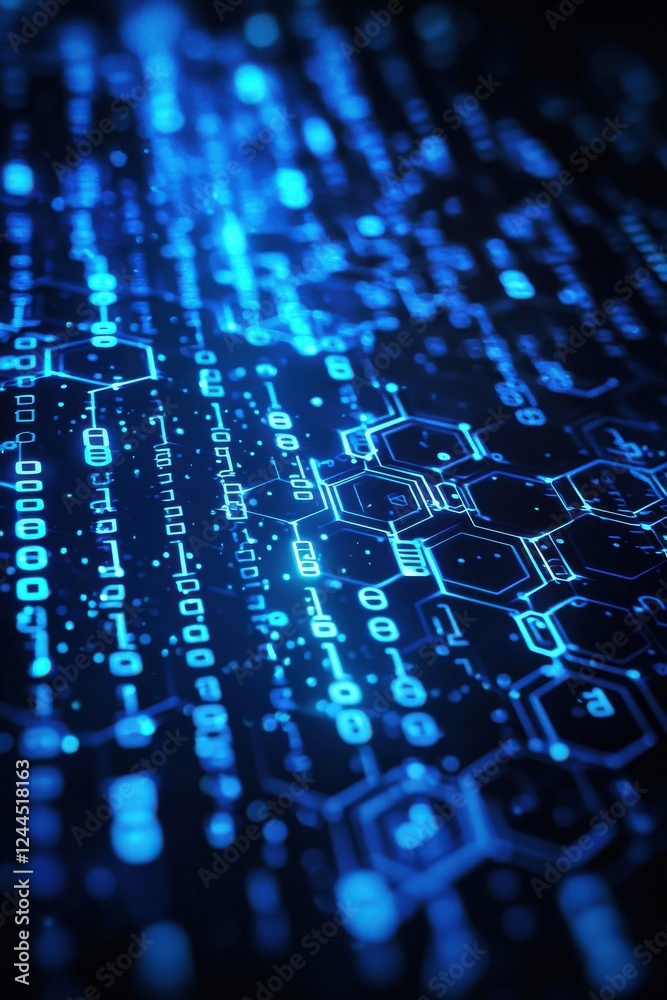 Poster futuristic digital background showcasing blue hexagons and binary patterns