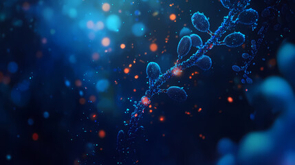 Glowing dna strand amidst blue particles, a vibrant depiction of lifes essence, intertwining science and art in a captivating visual narrative. Narrative Sequences. Illustration