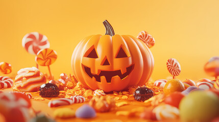 Halloween decoration with a carved pumpkin and assorted candies on an orange background, perfect for festive and seasonal themes. Narrative Sequences. Illustration