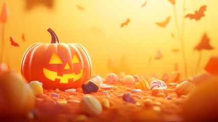 Halloween decoration with a carved pumpkin and assorted candies on an orange background, perfect for festive and seasonal themes. Narrative Sequences. Illustration