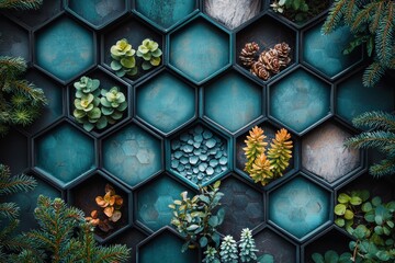 Teal Hexagonal Grid Decorated With Eccentric Plants and Natural Details