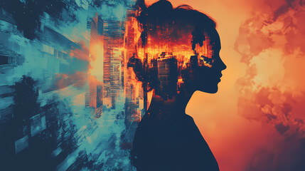 Mysterious person's silhouette revealing inner narrative through fragmented dream sequences, symbolic imagery inside mind, psychological storytelling illustration. Narrative Sequences. Illustration