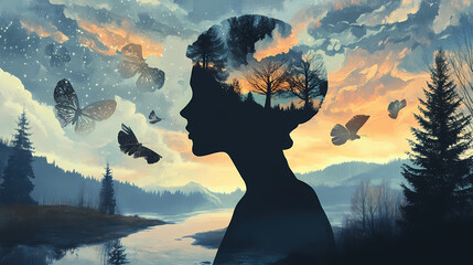 Mysterious person's silhouette revealing inner narrative through fragmented dream sequences, symbolic imagery inside mind, psychological storytelling illustration. Narrative Sequences. Illustration