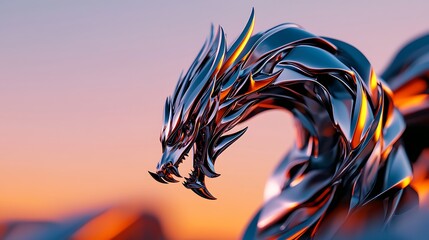 Metallic dragon sunset fantasy art, digital illustration
