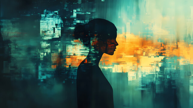 Mysterious person's silhouette revealing inner narrative through fragmented dream sequences, symbolic imagery inside mind, psychological storytelling illustration. Narrative Sequences. Illustration