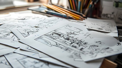 Papers and pencils are messy on the desk, next to an open storyboard with hand-drawn scenes and notes, vividly depicting a film's narrative. Narrative Sequences. Illustration