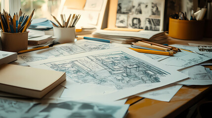 Scattered papers and pencils cover a desk, where a storyboard with hand-drawn scenes and notes breathes life into the film's narrative. Narrative Sequences. Illustration