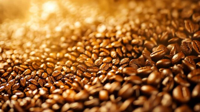 Aromatic coffee beans in gentle motion: rich texture and warm lighting