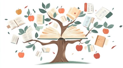 Tree of knowledge with open books and apples, representing learning, education, and ideas, on white background