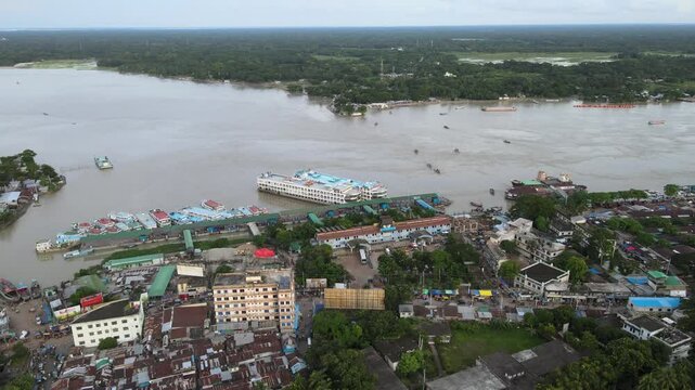 Aerial Drone Footage of Barishal Launch Terminal, Bangladesh &ndash; River Transport Hub