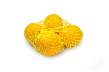 Healthy Ripe and Juicy Fresh Citrus Fruit: Bright Yellow Lemons Bagged in Mesh Bag Isolated on...