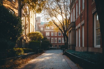 Fototapeta premium Sunlit autumn path between brick buildings.