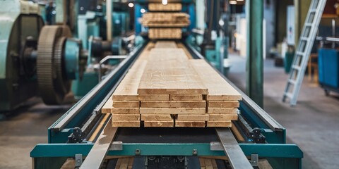 Fototapeta premium Lumber Conveyor Belt at a Sawmill Facility. This eye-level shot captures wooden planks moving along a green industrial conveyor belt within a sawmill.