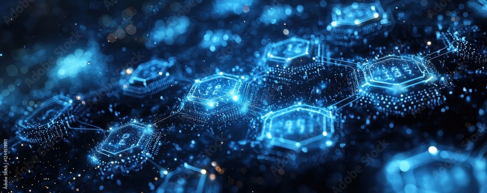 Poster hexagonal digital blueprint showcasing blockchain technology and data connectivity