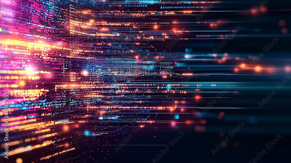 Poster vibrant abstract background with dynamic light trails and colorful particles, creating a sense of mo