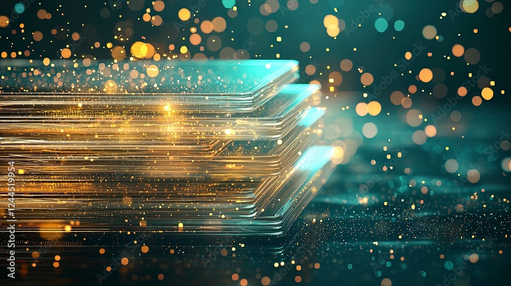 Poster abstract digital background featuring shimmering lights and layered elements, creating a sense of de