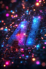 Futuristic AI Text With Glowing Circuits and Vibrant Lights