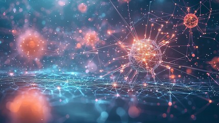 Abstract digital background featuring vibrant particles and interconnected lines, suggesting a scientific or technological theme.