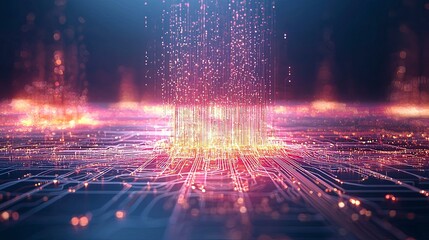 Vibrant digital abstraction with cascading light particles over a circuit board, symbolizing data flow and technological advancement.