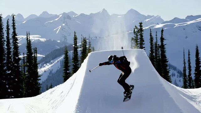 Snowboarder jumping over snowy terrain