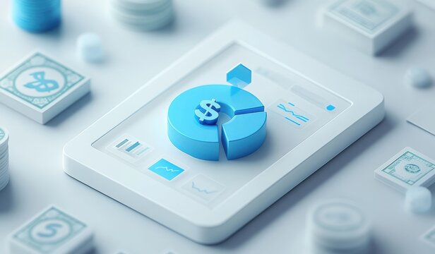 Modern 3D illustration of financial technology with pie chart and app interface - Powered by Adobe