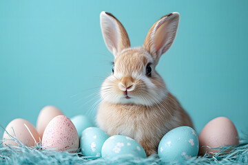 cute easter bunny with pastel decorated eggs on turquoise background