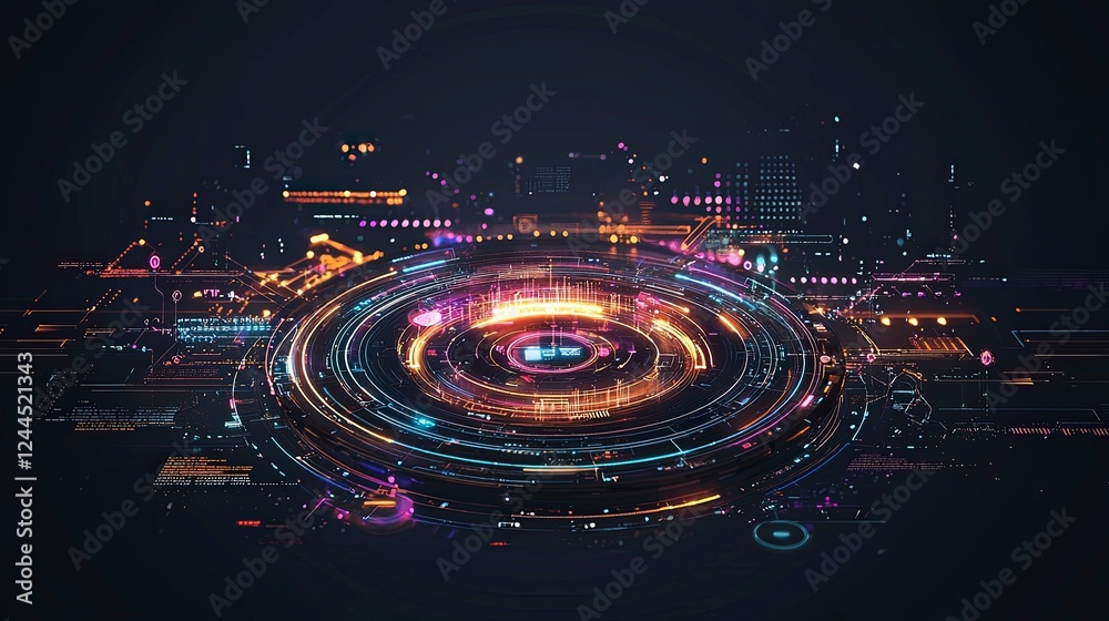 Poster abstract digital background with vibrant circular patterns and light trails, creating a futuristic a