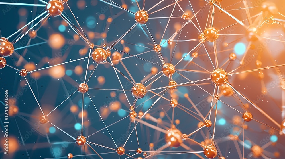 Poster abstract representation of interconnected nodes and particles in vibrant colors, illustrating concep