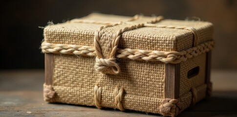 Burlap textured wooden crate with woven wicker lid and twine tie, woven pattern, burlap, rustic