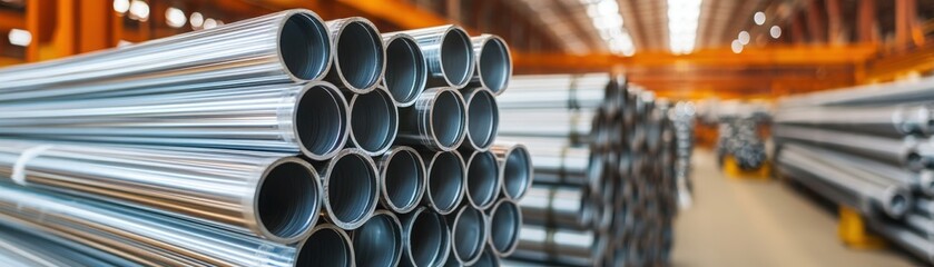 Close-up view of neatly stacked metal pipes in an industrial setting, showcasing the structure and material used in construction.