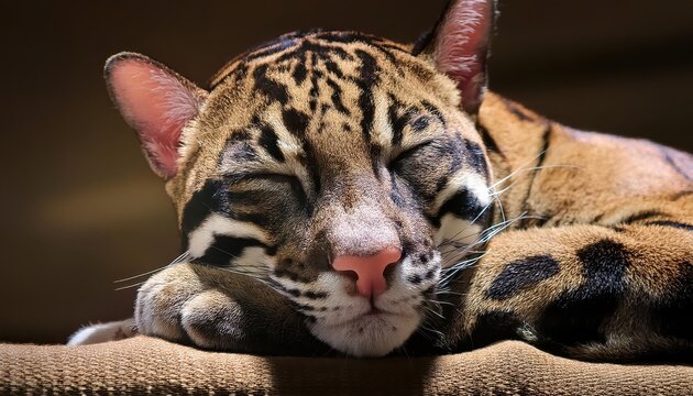 Slumbering Wild Clouded Leopard Amidst Lush Greenery and Ethereal Mists, a Vivid Portrait of Natures Majesty in the Misty Forest